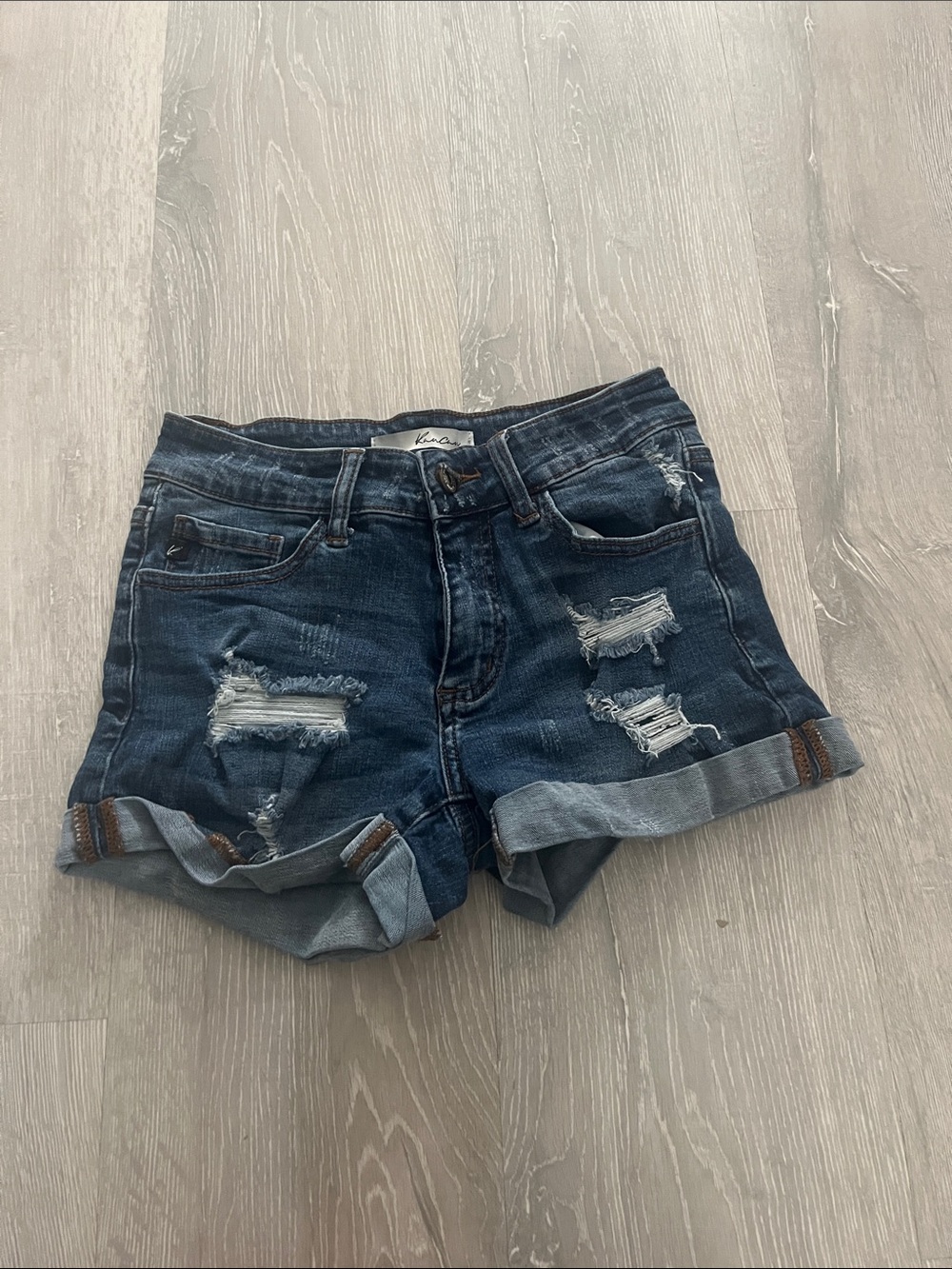 Dark Wash Distressed Denim Shorts - Blue